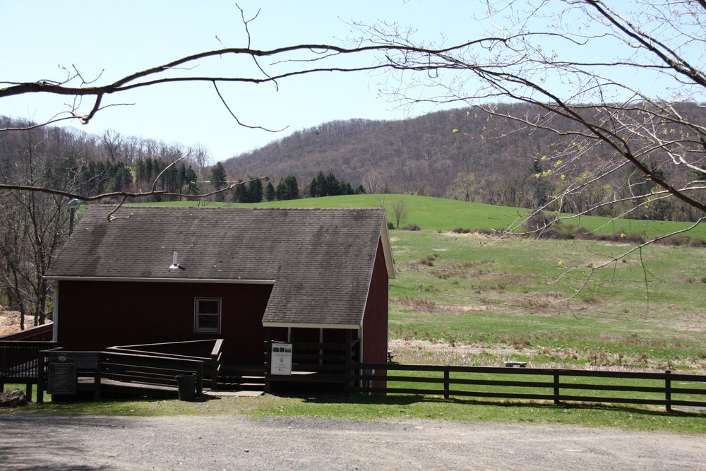 the red barn with the hayfields in the background